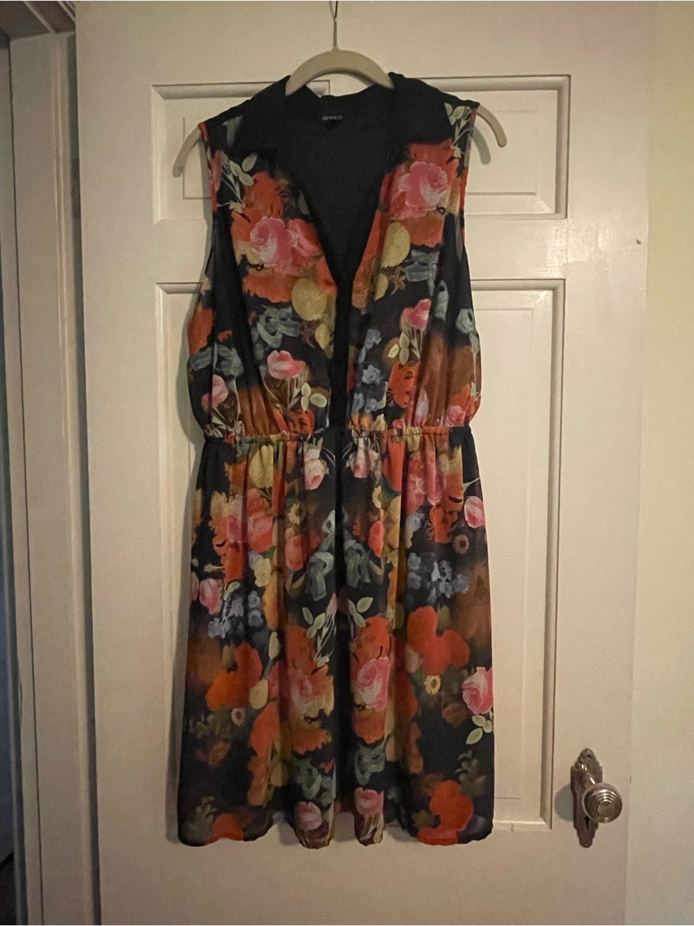 Torrid Black Floral Sleeveless V-Neck Midi Dress with Multi-Colored Blooms.